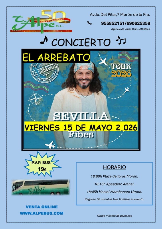 Concierto de El Arrebato en Sevilla. Viernes 15 de mayo de 2026 - 1er BUS