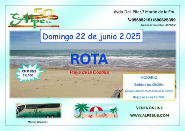 Rota - Cádiz. Domingo 22 junio 2025 - 1er BUS