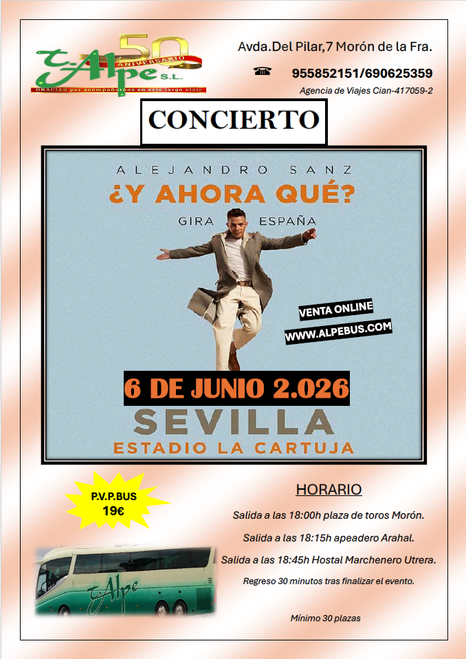 Concierto de Alejandro Sanz en Sevilla. Sábado 6 de junio de 2026 - 1er BUS