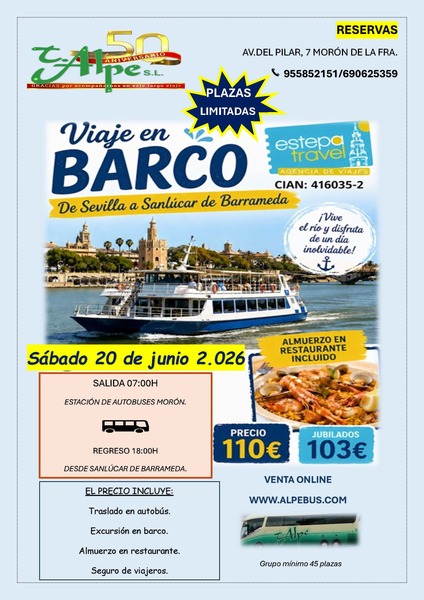 En barco de Sevilla a Sanlúcar con almuerzo incluido. Sábado 20 de junio de 2026 - 1er BUS