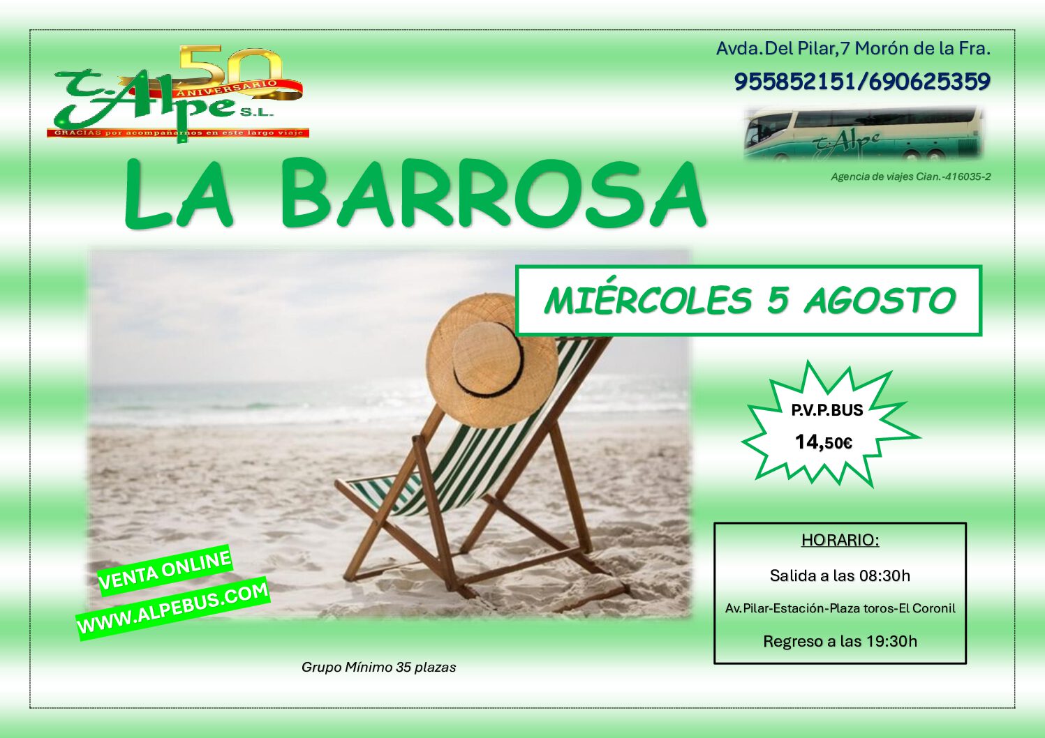 Playa la Barrosa - Chiclana - Cádiz. Miércoles 5 agosto 2026 - 1er BUS