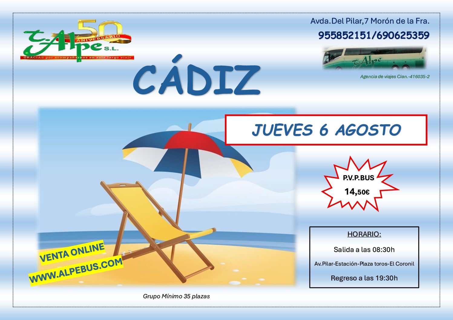 Playa la Victoria - Cádiz. Jueves 6 agosto 2026 - 1er BUS