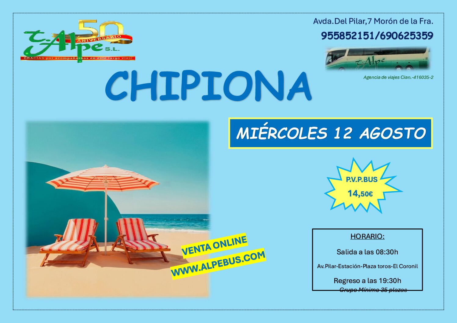 Chipiona - Cádiz. Miércoles 12 agosto 2026 - 1er BUS