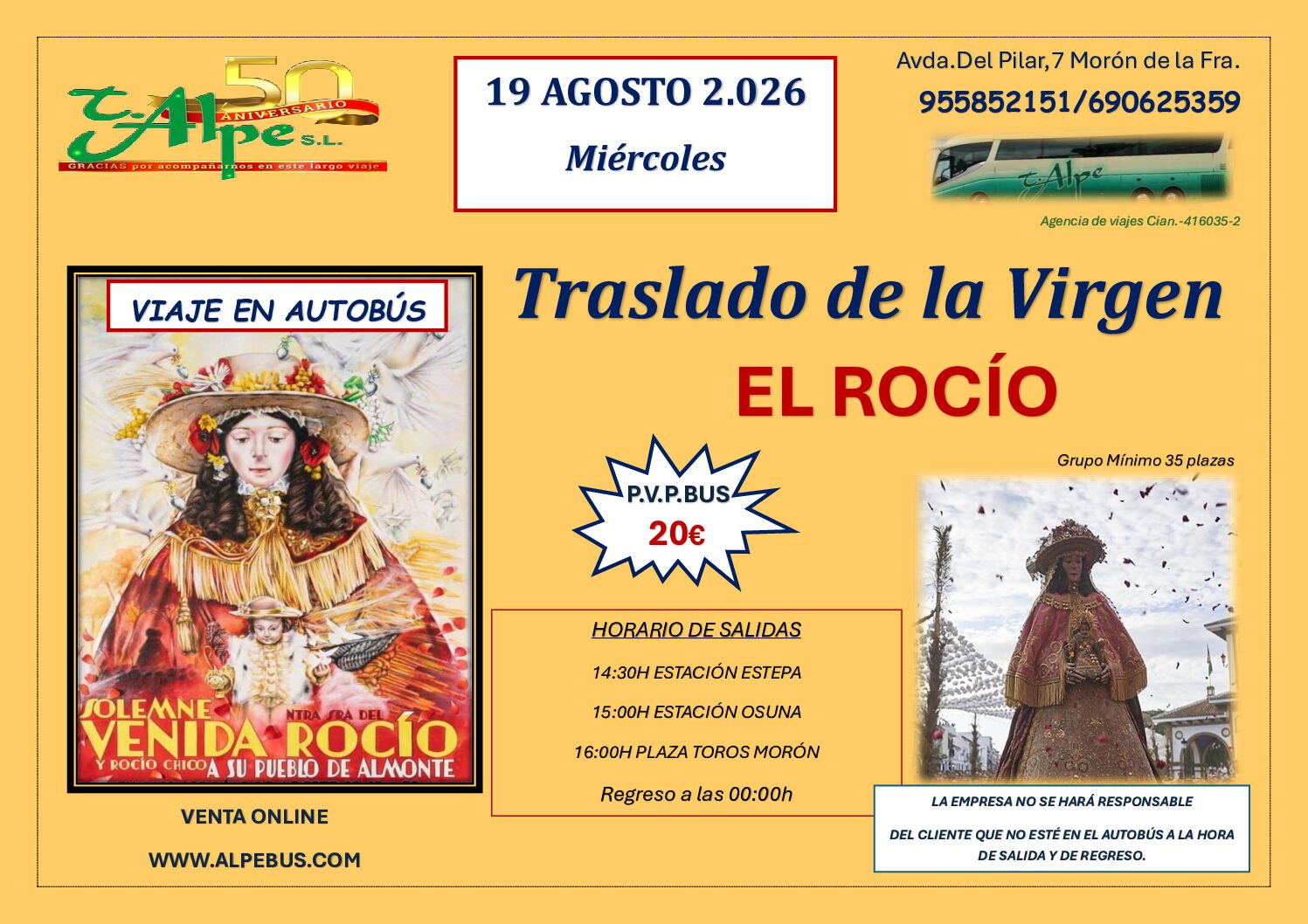 Traslado de la Virgen del Rocío - Almonte - Huelva. Miércoles 19 de agosto de 2026 - 1er BUS