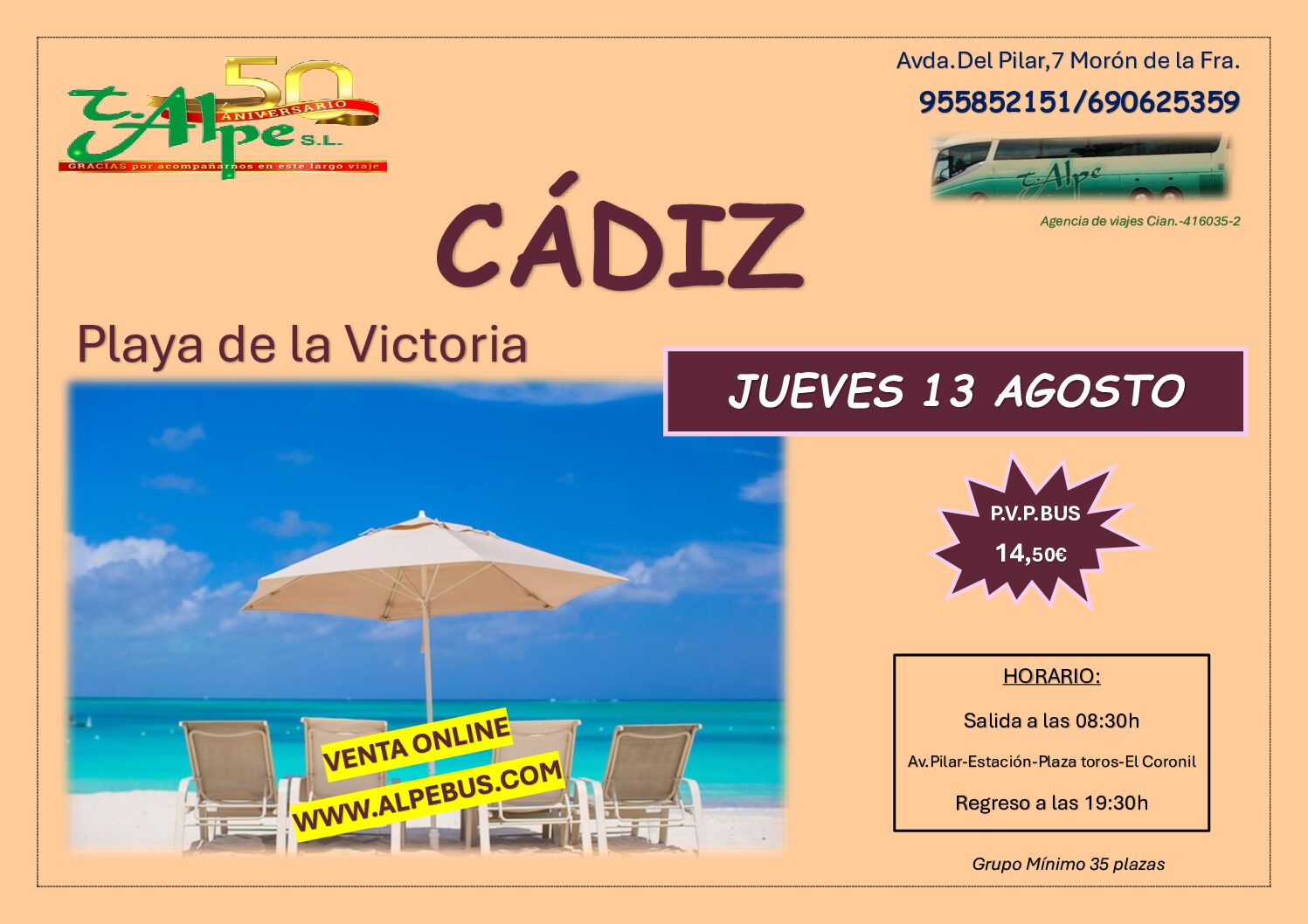 Playa la Victoria - Cádiz. Jueves 13 agosto 2026 - 1er BUS