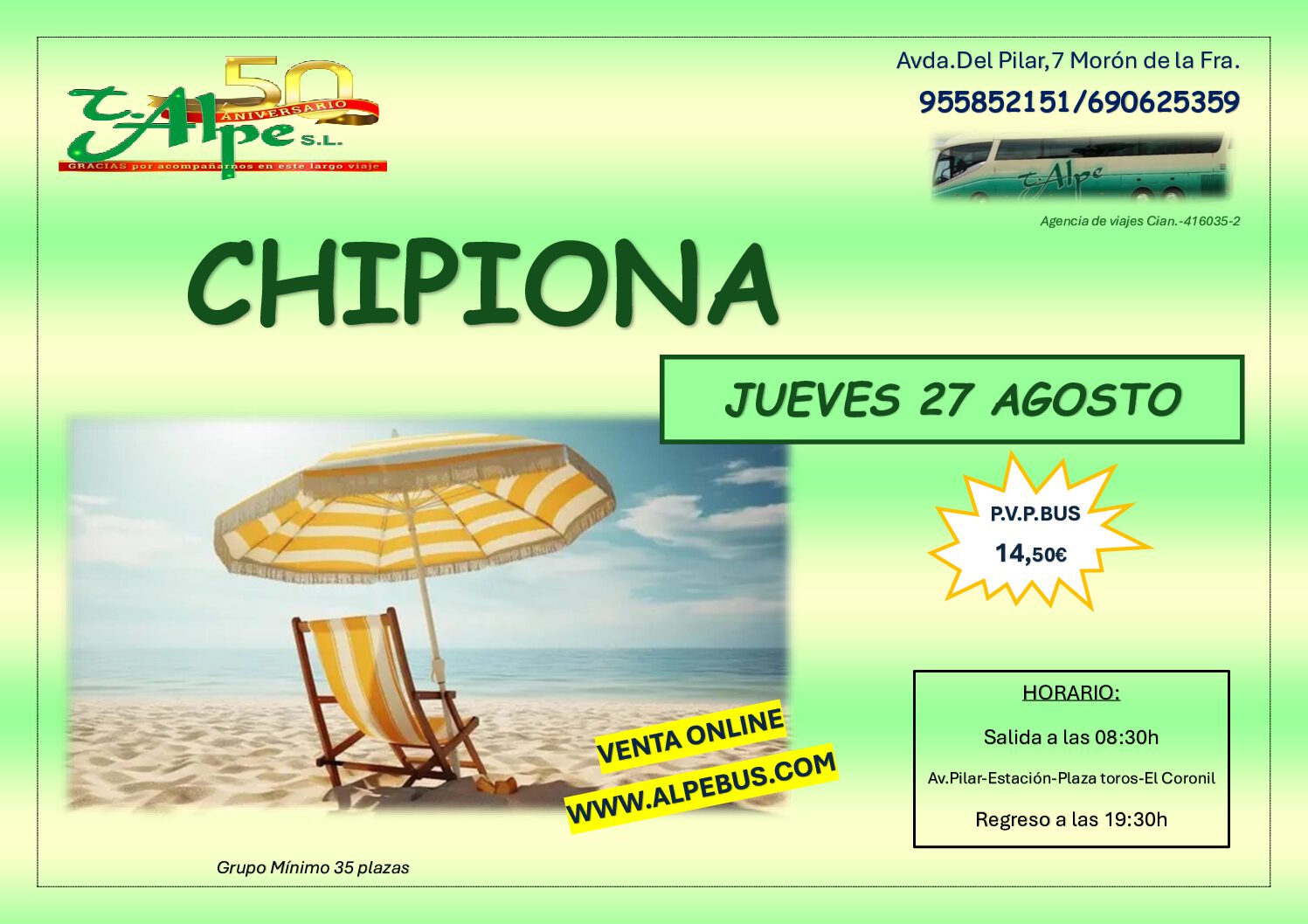 Chipiona - Cádiz. Jueves 27 agosto 2026 - 1er BUS
