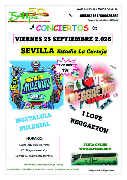 Concierto Nostalgia Milenial / I Love Reggaeton en Sevilla. Viernes 25 de septiembre de 2026 - 1er BUS