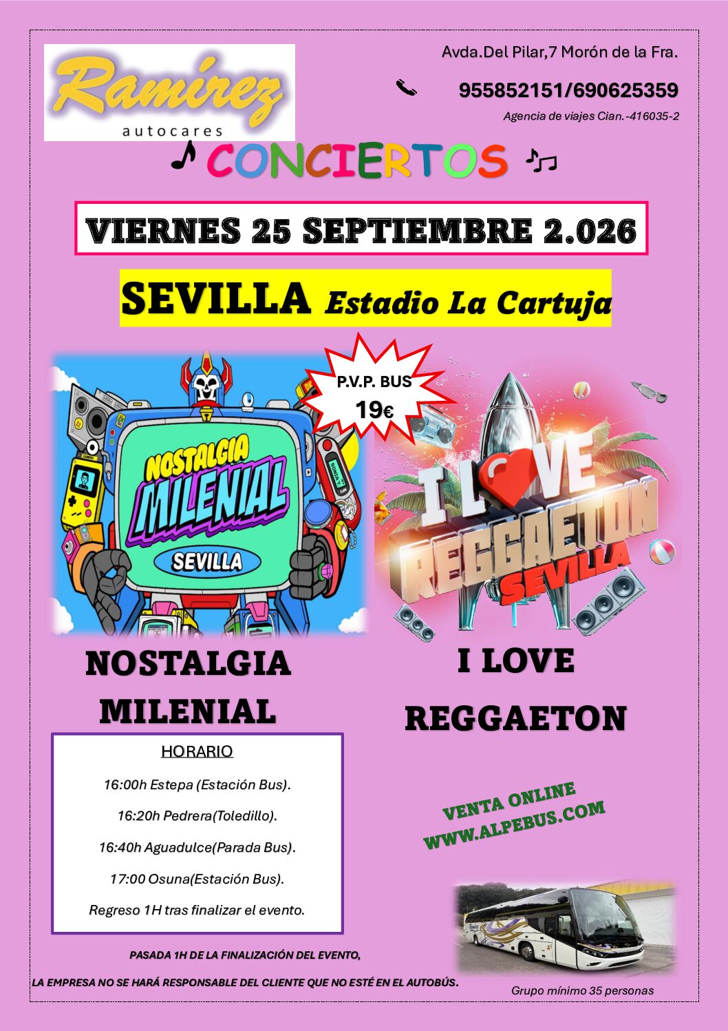 Concierto Nostalgia Milenial / I Love Reggaeton en Sevilla. Viernes 25 de septiembre de 2026 - 1er BUS