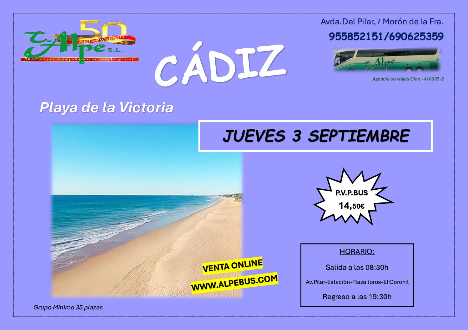 Playa la Victoria - Cádiz. Jueves 3 septiembre 2026 - 1er BUS