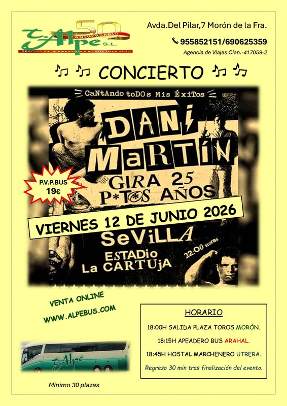 Concierto de Dani Martín en Sevilla. Sábado 12 de junio de 2026 - 1er BUS