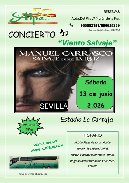 Concierto de Manuel Carrasco en Sevilla. VIENTO SALVAJE. Sábado 13 de junio de 2026 - 1er BUS