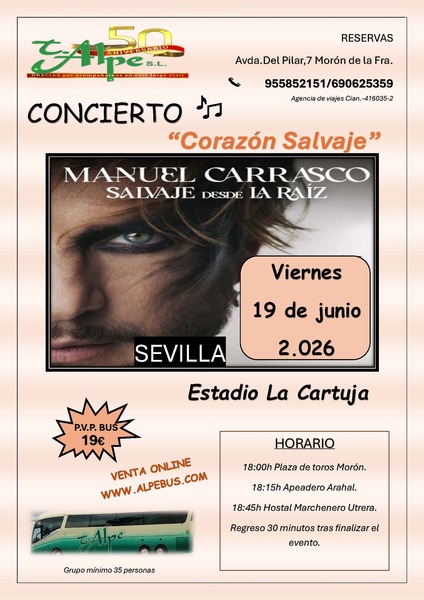 Concierto de Manuel Carrasco en Sevilla. CORAZÓN SALVAJE. Viernes 19 de junio de 2026 - 1er BUS
