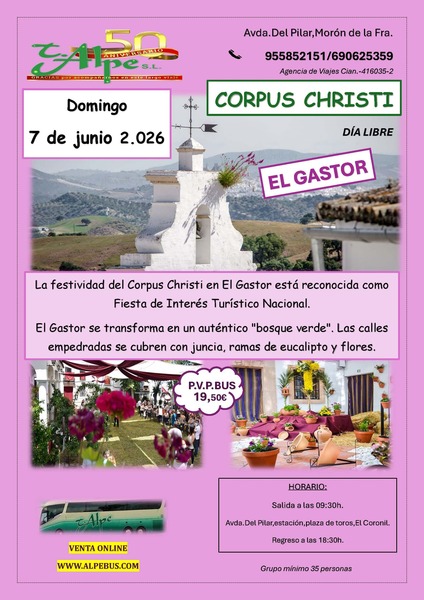 Corpus Christi en El Gastor - Cádiz. Domingo 7 de junio de 2026 - 1er BUS