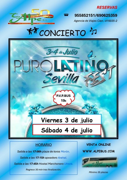 Concierto Puro Latino en Sevilla. Viernes 3 de julio de 2026 - 1er BUS