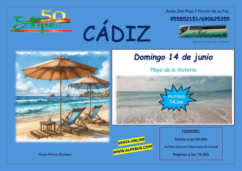 Playa la Victoria - Cádiz. Domingo 14 junio 2026 - 1er BUS