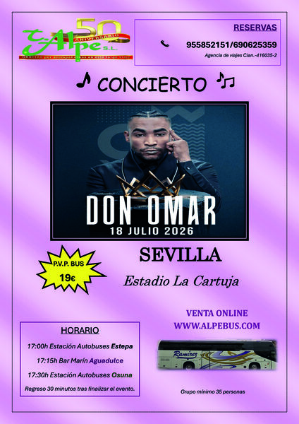 Concierto de Don Omar en Sevilla. Sábado 18 de julio de 2026 (Desde Estepa) - 1er BUS