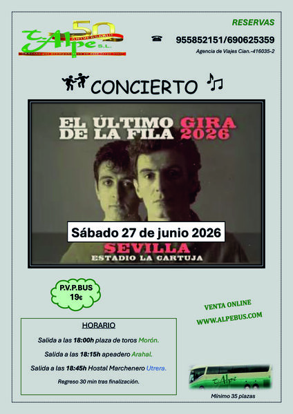 Concierto El Último de la Fila en Sevilla. Sábado 27 de junio de 2026 - 1er BUS