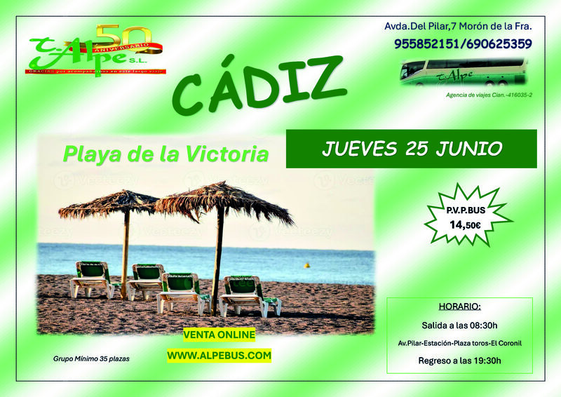 Playa la Victoria - Cádiz. Jueves 25 junio 2026 - 1er BUS