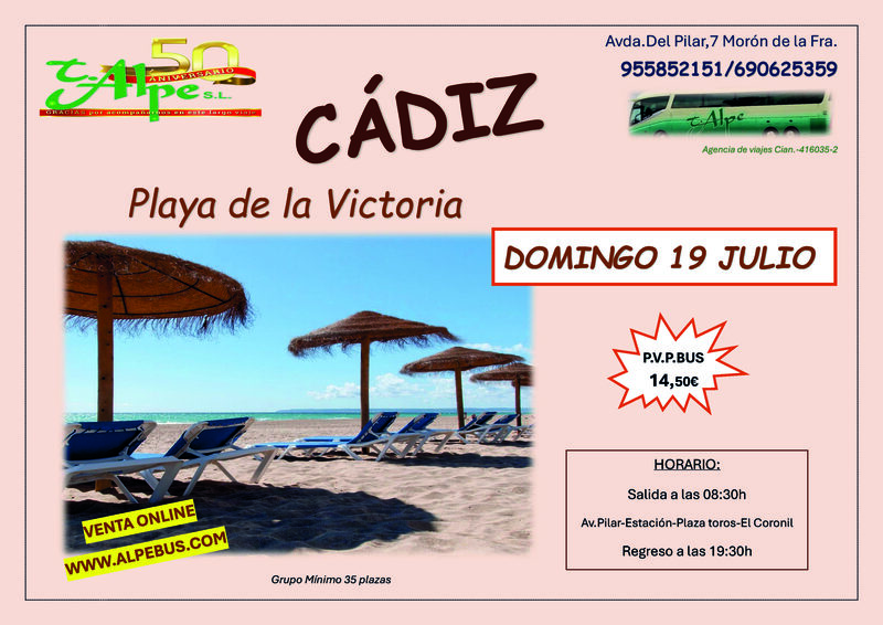 Playa la Victoria - Cádiz. Domingo 19 julio 2026 - 1er BUS
