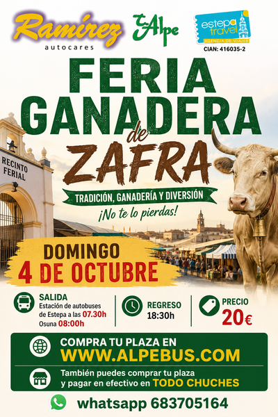 Feria ganadera de Zafra - Badajoz. Domingo 4 de octubre de 2026 - 1er BUS