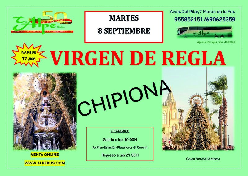 Día de la Vírgen de Regla - Chipiona - Cádiz. Martes 8 de septiembre de 2026 - 1er BUS