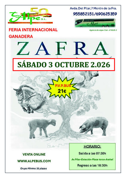 Feria ganadera de Zafra - Badajoz. Sábado 3 de octubre de 2026 - 1er BUS