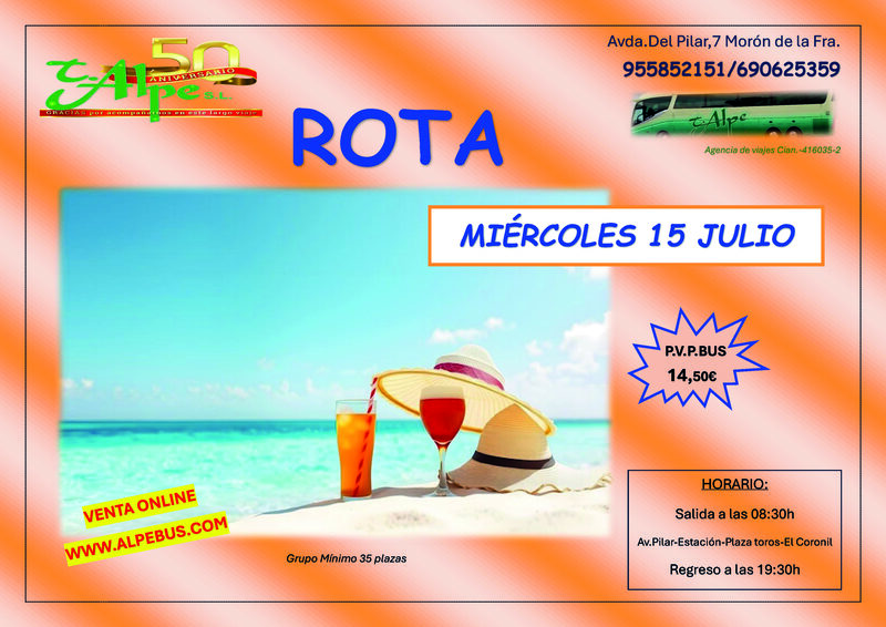 Rota - Cádiz. Miércoles 15 julio 2026 - 1er BUS