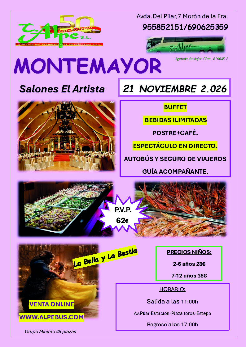 Comida y espectáculo en directo Montemayor - Córdoba. Sábado 21 de noviembre de 2026 - 1er BUS